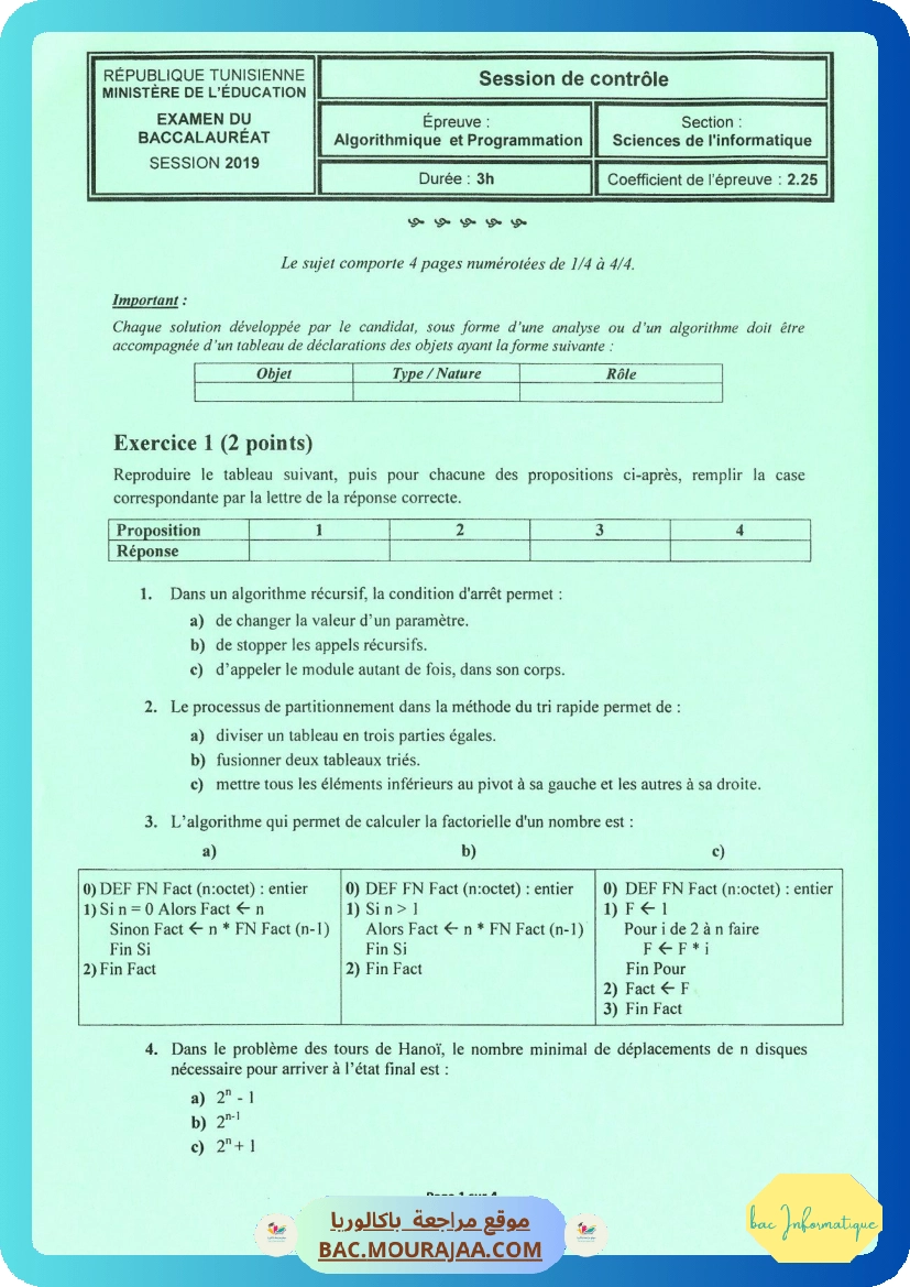 Sujet controle algorithme Bac 2019 – Section info